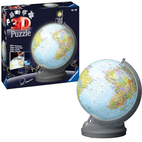 Ravensburger - Puzzle 3D Ball éducatif - Globe terrestre Lumineux - A partir de 10 Ans - 540 pièces numérotées à Assembler sans Colle - Support Rotatif Lumineux Inclus - 11549