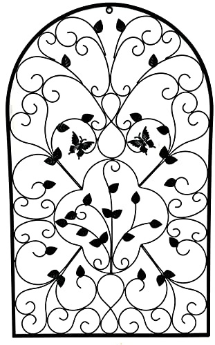 Bellaa 23196 Metal Wall Art 3D Wrought Iron Sculpture Spanish Arch 31 inch Victorian Unique Design Outdoor Garden Plaque Butterfly Scroll Boho Farmhouse Cottage Lodge Country Home Decor Medallion