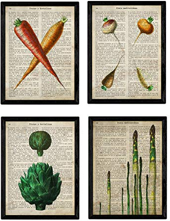 Nacnic set 4 stampe artistiche vintage, collage sfondo vecchio foglio di giornale con varie definizioni in lingua spagnola e verdure: carote, asparagi, carciofi, e ravanelli