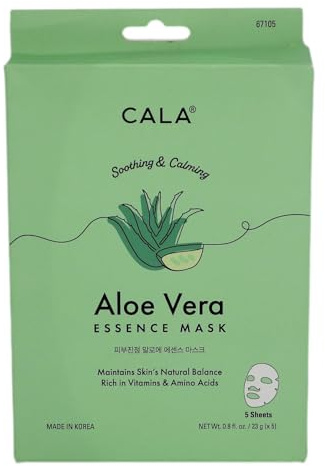 Cala Aloe Vera Essence Facial Sheet Masks (5 Pack) - Ultra-Thin Face Mask Sheets with Plant Extracts + Amino Acids, Hydrating & Soothing, For Dry/Dull Skin, No Rinse