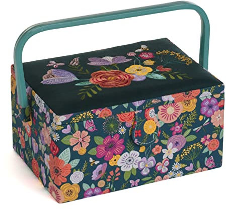 Hobby Gift Exclusive Medium Sewing Craft Hobby Storage Box, Accessories Tray Pin Cushion Pocket PVC Handle Embroidered Lid 18.5 x 25.5 x 14.5cm, Embroidered Floral Garden
