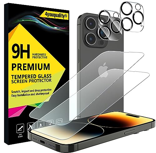 4youquality 4-i-1 kameralins och skärmskydd för iPhone 14 Pro | Härdat glas, 2+2-pack, 9H hårdhet, slagbeständigt, repskydd, anti-splitter, ultratydlig