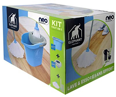 ÉLÉPHANT Maison - Kit Neo Power - Seau, Essoreur & Balai Espagnol - Tête à Franges Microfibre - Essorage Automatique Sans Effort - Plastique Recyclé - Compatible Toutes Franges - Fabriqué en France