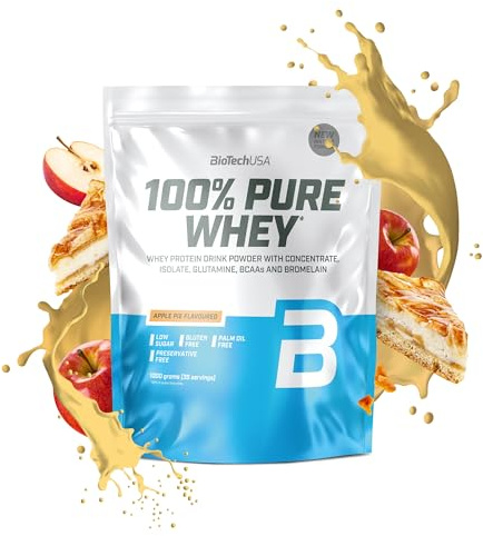 BioTechUSA 100% Pure Whey | Proteinpulver med BCAA och glutamin | Glutenfritt, palmoljefritt | 21g protein per portion, 1 kg, Äppelpaj