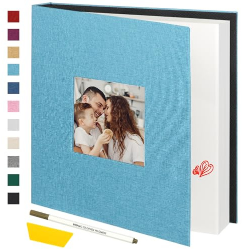 Miaikoe Large Photo Album Self Adhesive Scrapbook Album for 4x6 5x7 8x10 Pictures,40 Pages Linen Cover Album with Display Window DIY Book with A Metallic Pen and Scraper (Teal)