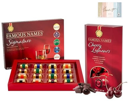 Chocolate Liqueurs Bundle | Famous Names Signature Collection Liqueurs 185g & Cherry Liqueurs Chocolates 175g | Premium Spirits & Rich Flavors in Every Bite