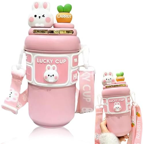 NIDONE Kawaii Water Bottle, 19Oz Stainless Steel Water Insulation Bottle With Straw & Adjustable Strap, Cute Rabbit Leak-Proof Water Bottles For Girls Sports Camping Travel (Pink),Kawaii Water Bottle