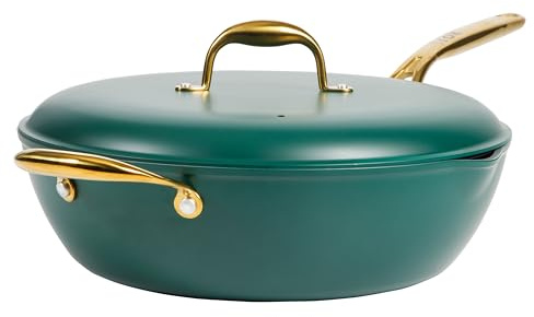 Frok 13 Frying Pan Wok Skillet 4MM Thick Quick Heat Aluminum Cookware w/Aluminum Lid Premium PFA Free Ceramic Nonstick Interior & Heat Resistant Exterior - Induction - Green & Gold