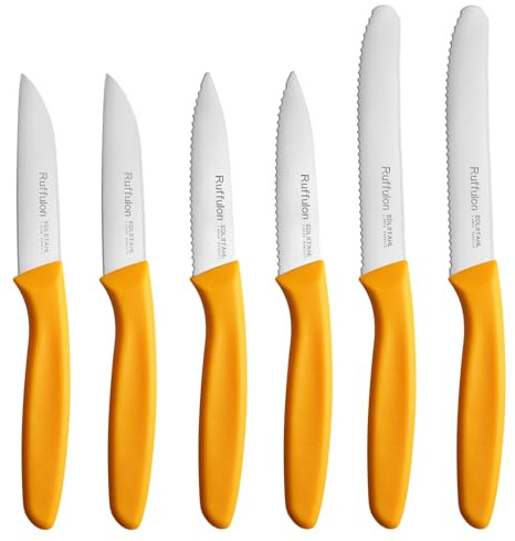 Ruffulon Paring Knives,Set of 6, Vegetable Knife Small,Premium Fruit Knives,Small Kitchen Knife Sets,Straight Edge&Serrated Knifes,Orange Kitchen Paring Knife,Dishwasher Safe