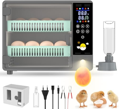 Brutautomat Vollautomatisch, Inkubator für 24 Eier mit Automatischem Wenden der Eier und Automatischer Befeuchtung, Temperaturkontrolle, Eingebautes Eier-Schierlicht, Doppelte Stromversorgung