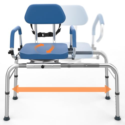 ZEYXINH Slide Shower Chair with Padded Backrest - Swivel Transfer Bench for Bathtub | Adjustable Height, Pivoting Arms | 350lb Capacity for Elderly & Disabled, Blue