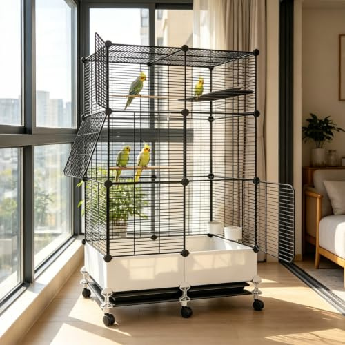 Stor fågelbur, papegojbur inomhus med bromsade hjul | Budgie bur med matnings- och vattenskål, spelplattform, lätt att flytta och rengöra, (svart, 74 L x 37 B x 139 H)