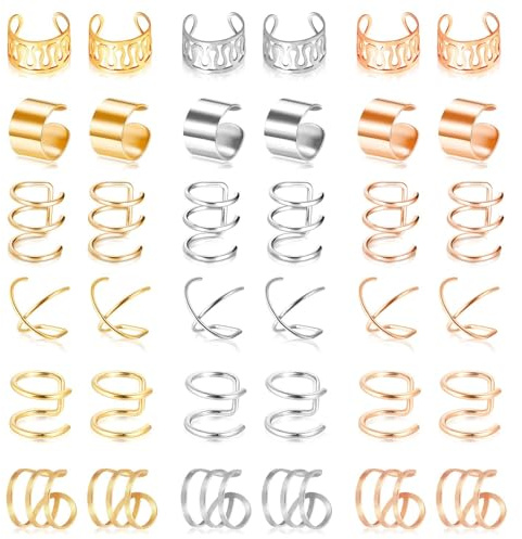 18 Pairs Ear Cuff, Roctee 6 Styles Cartilage Clip On Earrings Set Stainless Steel Ear Clip Fake Cartilage Earring Non Piercing Helix Cartilage Ear Clip Earring Ring for Women (Gold/Silver/Rose)