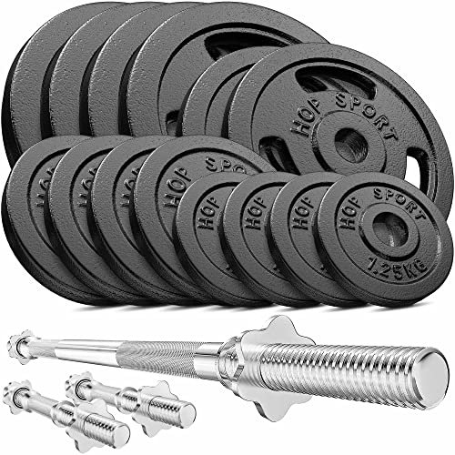 Hop-Sport Guss Hantelset mit Langhantelstange, Kurzhantelstangen und Gewichten, 1x Langhantel, 2x Kurzhantel, Set 39kg 59kg oder 79kg zur Auswahl (79kg)