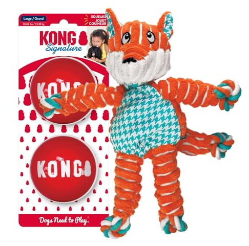 KONG Floppy Knots & Signature Balls (2 Pack) - Knotted Dog Toy Entices Play & Satisfies Instincts - Dog Supplies with Minimal Stuffing - Strong Dog Toy Balls for Fetch - Fox, for Large Dogs