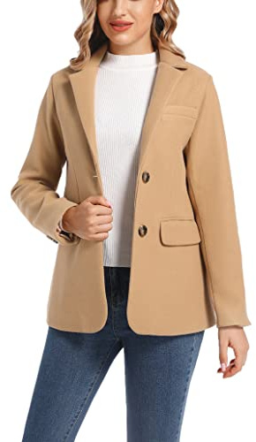 ZHANCHTONG Women's Notch Lapel Two Button Wool Blend Blazer Suit Jacket (Flap-Khaki, XL)