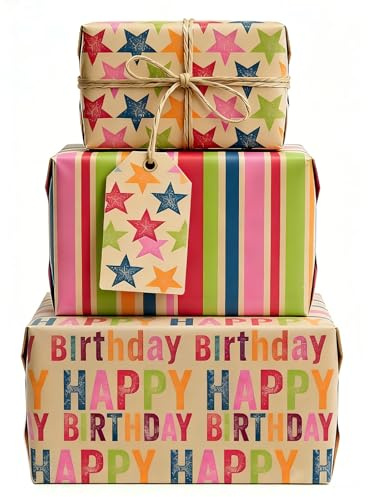 Jatidne 6 Birthday Wrapping Paper Sheets with Gift Tag Kraft Birthday Paper | Recycled, Gift Wrap, Kraft Paper