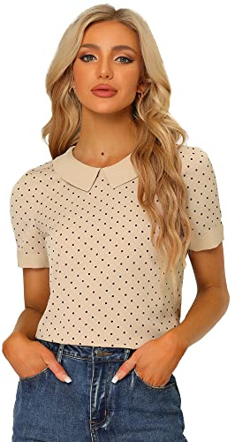 Allegra K kortärmad bubikrage prickar topp vintage prickig elegant topp blus, Mörk beige, M