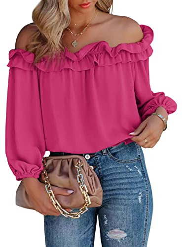 evnanic Off Shoulder Blouses for Women Long Sleeve Shirt Pleated Ruffle Flowy Blouses Spring Rose M