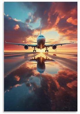 Kunstdruck auf Leinwand, Motiv: buntes Flugzeug, gerahmt, natürliche Flughafenlandschaft, fertig zum Aufhängen, Leinwanddruck, Poster, Wandkunst