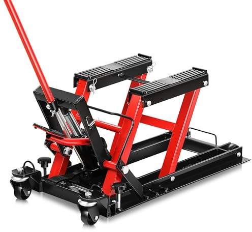 Auto Dynasty Hydraulic Motorcycle Lift Jack, 1500LBS Capacity Low Profile Steel ATV Lifts Stand Hoist with Wheels and Handle for Motorcycles, Bicycles, ATVs, UTVs, Dirt Bikes, Red