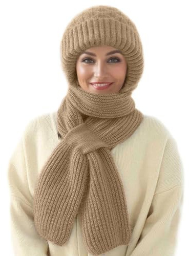 MissFox Bonnet Echarpe Femme, 2 en 1 Echarpe Capuche Hiver Chaud, Écharpe Coupe-vent avec Protection Auditive Intégrée, Bonnet et Echarpe Integre, Bonnets Tricoté Épais pour Femmes
