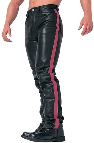 ZDSUHYIW Pantalones de cuero para hombre, reflectantes, metálicos, de piel sintética, para invierno, gruesos, elásticos, elásticos, de charol, informales, de calle, cintura alta, brillantes, rojo, S
