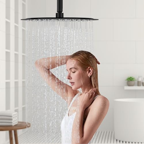DETBOM Duschkopf Regendusche Rund 40x40cm/16 Zoll, 304 Edelstahl Regendusche Duschkopf Wassersparender mit 230 Silikondüsen mit Antikalk-Funktion, Regenduschkopf 360° Drehbar-Schwarz