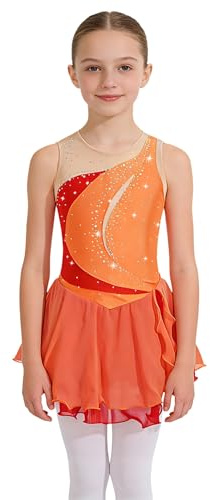 Jugaoge Vestido de patinaje artístico para niña, sin mangas, malla brillante, empalme Leotardo, camiseta de danza con falda tutú y slip para niños, vestido de patín de princesa para competición