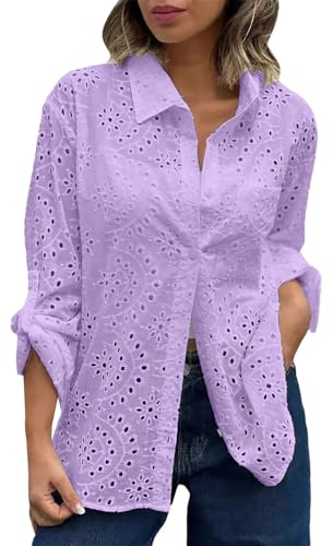 YCBMINGCAN Camisa de ganchillo bohemia para mujer, mangas de globo, encaje, ojales, camisa, blusa, traje tradicional, A-lila, XL