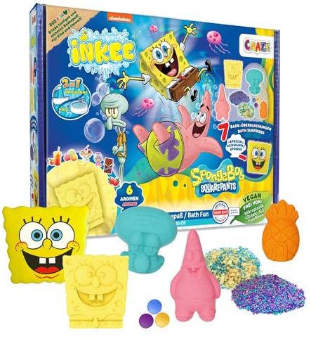 INKEE Geschenkbox SPONGE BOB Badeset 7 Badezusätze, SpongeBob Schwammkopf Badekugeln & Badesalz Kinder mit Avocado Öl + Accessoire - spielzeug ab 3 jahre