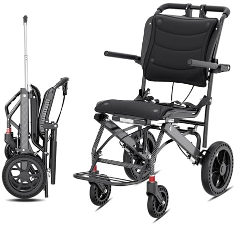 Hopelight Ultralätt transport rullstol vikbar ergonomisk reserullstol, bärbar hopfällbar rullstol med teleskophandtag bärkapacitet 100 kg