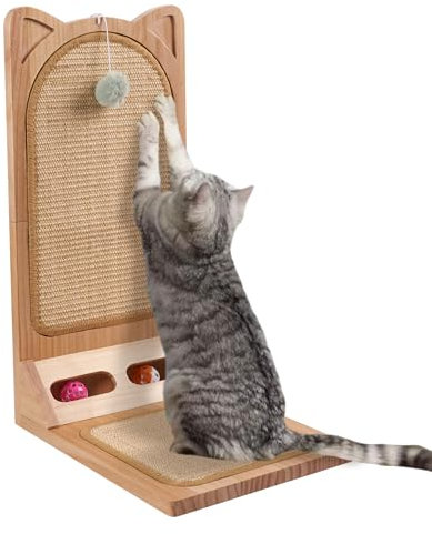 Wooden Large Cats Scratching Board - LitaiL Floor Mounted Scratcher with Built-in Toys, 58cm L Shape Scratching Board for Indoor, Sisal Mat and Solid Wood Cat Scratching Post for Sofa Protection