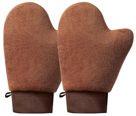 2 Pack Self Tanning Mitt Applicator, Brown Tanning Glove with Hanging Loop, Double Sided Fake Tan Mitts for Body & Face, Waterproof Lining, Streak-Free Application for Mousse & Lotion (Set of 2)