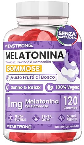 Melatonina Gommose Vegan Vitastrong, Senza Saccarosio, 120 Caramelle Melatonina 1mg (1/Giorno, Scorta 4 Mesi) Senza Glutine, Aroma Frutti Rossi, Complex con Valeriana, Lavanda, Camomilla, Vitamina B6
