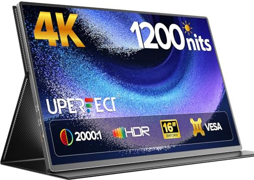 UPERFECT Portable Monitor 4K 16 | 1200 Nits Laptop Monitor | 3840 * 2400 UHD | 1MS FreeSync 2000:1 Contrast | USB-C & HDMI | VESA & Smart Case | Travel Screen for Computer, Mini PC, Game Consoles