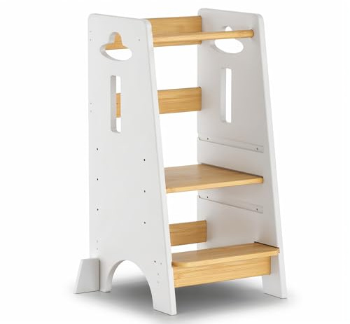 COSYLAND Torre Montessoriana Bambini da 1 Anno – Torretta Montessoriana in Legno Spesso, Regolabile a 3 Altezze (Bianco Classico & Naturale)