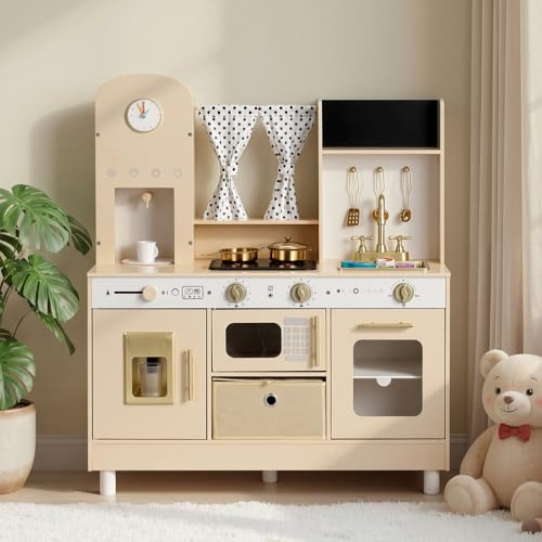 VEVOR Play Kitchen for Kids, Wooden, Kids Kitchen Playset with Realistic Lights & Sounds, Food & Cookware, Modern Style Pretend Play Toy Set, Ice Maker, Microwave, for Toddlers, Girls & Boys Ages 3-8