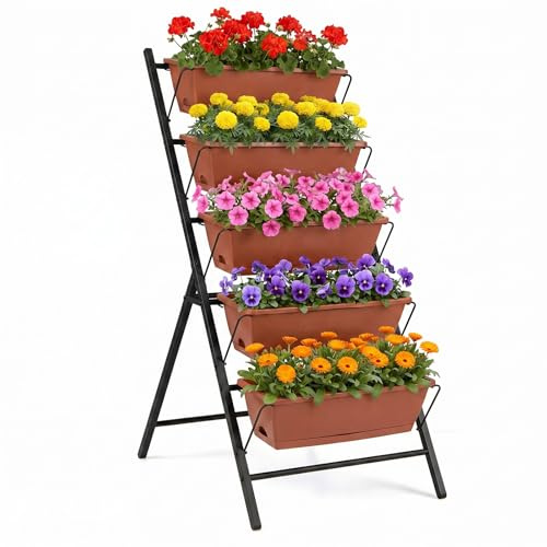 COSTWAY Fioriera Verticale a 5 Livelli, Orto Rialzato a Scaletta da Interno e Esterno, Scaffale Porta Piante Salvaspazio in Metallo con Fori di Drenaggio e 5 Sottovasi Rimovibili (Terracotta)