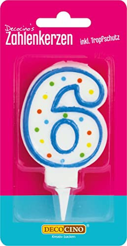 DECOCINO Zahlenkerze Zahl 6 – Torten-Kerze Happy-Birthday-Deko, Gerbutstags-Kerze, 7cm, Tortendeko, Kerze, Geburtstagskerzen