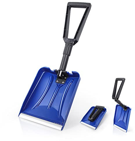 Orientools Pala de Nieve plástica Plegable para Trabajo Pesado con Mango D-Grip, arado liviano de Uso General para automóvil (Color Azul, Hoja de Borde de Aluminio: 9 x 11 '')