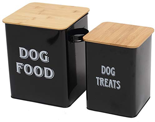 Pethiy Hundefutter und Hundeleckerlis Behälter,Futtertonne mit Schaufel,Eng anliegende Holzdeckel,beschichteter Kohlenstoffstahl,Aufbewahrungsbehälter Dosen,vorratsbehälter für hundefutter-Schwarz