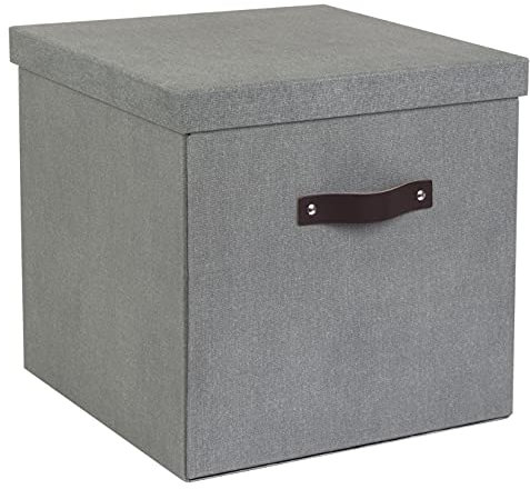 Bigso Box of Sweden LOGAN Aufbewahrungsbox mit Deckel – große Klappbox für Kleidung, Spielzeug usw. – Ordnungsbox mit Griff aus Faserplatte und Papier mit Leinenoptik – grau