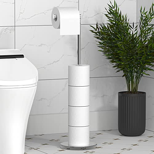 HITSLAM Chrome Free Standing Toilet Roll Holder with Heavy Duty Base, SUS304 Stainless Steel Freestanding Toilet Paper Holder with Reserve, Toilet Roll Storage Stand for Bathroom