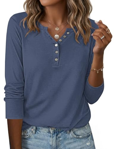 WNEEDU Chemise Femme à Manches Longues Henley T-Shirt Décontracté Pull | Tunique Blouse Col V avec Boutons,Basique Top Chic et Elegant,Haut pour l'automne