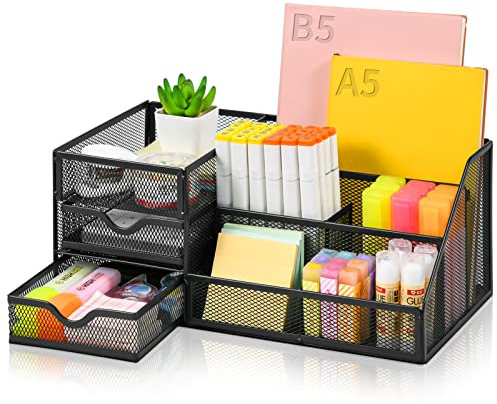 Marbrasse Netz-Schreibtisch-Organizer mit Schubladen,Multifunktionaler Schreibtisch-Organizer und Zubehör mit 6 Fächern + 2 Schubladen,Büro Desktop Organisation(Schwarz)