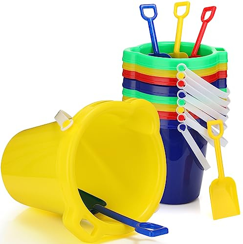 Didaey 7.5 Inch Beach Buckets and Shovels Plastic Sand Pails Castle Building Sand Shovel for Boys and Girls Summer Beach Toys Party Favors(12 Set)