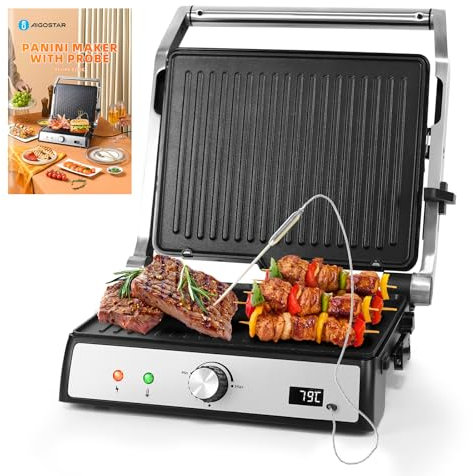 Aigostar Grill, Parrilla Eléctrica, Panini, Tostadora, Sandwichera con Sonda de Alimentos. Placas antiadherentes extraíbles, 2000W, control automático de temperatura, apertura plana de 180°, Max Pro