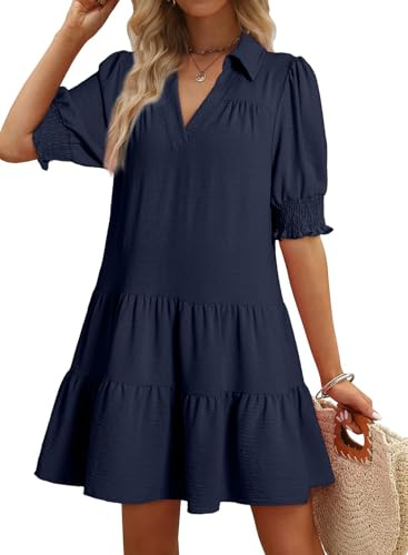 Dokotoo Womens Summer Dresses for Women 2026 Spring Graduation Dress Casual V Neck Flowy a Line Mini Dress 2026 Fashion Trendy Baby Doll Dresses Texture Vacation Women's Clothing Outfits Navy Blue