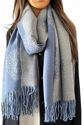 Cashmere Tree Life Blanket Scarf Gift - GIFT BOXED SCARF - Women Pashmina Shawl, Winter Scarves Women, Large Long Scarfs, Warm Scarf, Ladies Tree of Life Print (Blue Grey - with gift box)